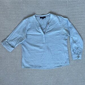 Tommy Hilfiger Light Blue Textured Roll Tab Sleeve Split Collar Blouse